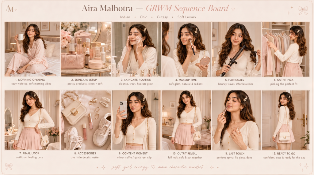 Complete GRWM sequence board of an Indian fashion and beauty influencer.